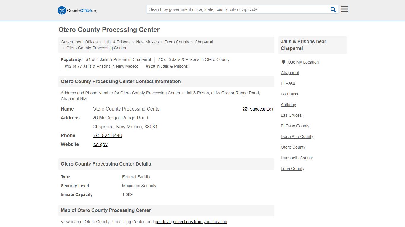 Otero County Processing Center - Chaparral, NM (Address ...